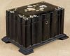 Regency black lacquered tea caddy, 19th c., with mother of pearl inlay, 5'' h., 8 1/2'' w.