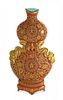 A Gilt Decorated Coral Ground Porcelain Gourd-Form Wall Vase Height 11 1/4 inches.