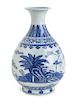 A Blue and White Porcelain Porcelain Vase, Yuhuchunping Height 11 1/4 inches.