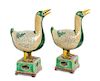 A Pair of Famille Verte Porcelain Duck-Form Covered Vessels Height of each 9 3/4 inches.