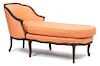 A Louis XV Style Carved Walnut and Upholstered Chaise Lounge Height 34 1/4 x length 69 inches.