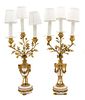 A Pair of Louis XVI Style Gilt Bronze Mounted Marble Three-Light Candelabra Overall height 23 1/2 inches.