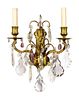 Four French Gilt Bronze and Crystal Wall Sconces Height 9 inches x width 10 1/2 inches.
