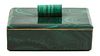A Malachite Covered Box Height 2 1/2 x width 5 1/4 x depth 3 5/8 inches.