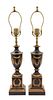 A Pair of Regency Style Black and Gilt Decorated Tole Lamps Height 22 inches.