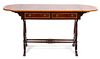 A Regency Inlaid Mahogany Lyre Base Sofa Table Height 29 x width 60 (leaves up) x depth 21 inches.
