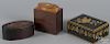 Mahogany and satinwood tea caddy, 19th c. 4 3/4'' h., 4 1/2'' w., together with two later boxes