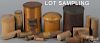 Treen canisters, several with their original labels, tallest - 5 1/4''.