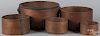 Six Massachusetts graduated bentwood pantry boxes with iron strapping, stamped Farrar Royalston