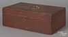 Stained pine lock box, 19th c., retaining an old red surface, 5'' h., 14 3/4'' w.