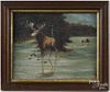 Oil on canvas primitive landscape, late 19th c., with a moose, 8'' x 10''.