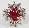18K WHITE GOLD CABOCHON RUBY AND DIAMOND RING