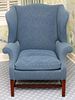 MODERN MAHOGANY BLUE UPHOLSTERED WINGBACK CHAIR