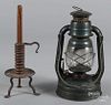 Dietz Little Wizard lantern, 12'' h., together with a wrought iron candlestick, 7 1/4'' h.