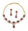 Ruby, Diamond & 22kt Yellow Gold Necklace And Matching Earrings, L 18" 95g 3 pcs