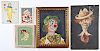 4 Clown Paintings and 1 Petit Point