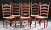 Set of Six French Carved Beech Ladderback Rush Sea
