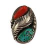 Mike Simplicio (1937-1976) - Zuni - Turquoise, Coral, and Silver Ring with Feather Design c. 1960s, size 9 (J15987-004)