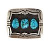 Aaron Chischiligi (1923-2001) - Navajo - 3 Natural Turquoise Stones and Silver Belt Buckle with Shadowbox Design c. 1990s, 2.375" x 2.75" (J15989)