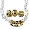 Vintage Bulgari style 18 Karat Yellow Gold, Round Brilliant Cut Diamond and Gemstone Suite Including Ring, Ear clips and Sout