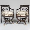 Pair of Regency Style Stained Wood and Gold Painted Curule-Form Armchairs, with Chelsea Editions Fabric