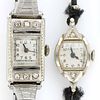 VINTAGE ART DECO 14K AND 18K WHITE GOLD AND DIAMOND CASED LADY'S WRIST WATCHES, LOT OF TWO