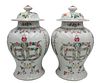 Pair of Chinese Rose Famille Porcelain Baluster Temple Jars with Covers