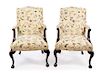 * A Pair of Chippendale Style Crewel Upholstered Library Chairs Height 40 1/2 inches.