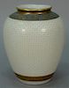 Satsuma porcelain vase decorated in an art moderne style with enamel rosettes and teal gilt top band, marked on bottom, possi