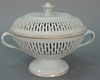 Chinese export covered compote, cover with flower finial and reticulated border, on base with two double handles and reticula