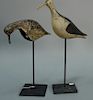 Two shore bird decoys, each on metal stand. 
(one with replaced beak, one probably a reproduction) 
heights 14 1/2 inches and