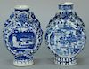 Two Chinese moon shaped vases on footed base, each with circular blue scenes. 
(one top chipped and repaired, one chipped dra