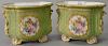 Pair of Sevres porcelain planters having green ground, gilt decorated scroll sides, and high relief gold jeweled design set o