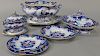 English flow blue Copeland & Garrett stone china, pattern 7441, with hand painted flower design, seventy total pieces to incl