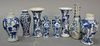 Eight small blue and white Chinese export Canton vases including pair of sleeve form (as is), pair of baluster with handles, 