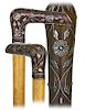 56. Piqué Day Cane -Ca. 1880 -L-shaped Holly Wood handle beautifully set with silver floral inlay, slender silver collar wit