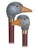 127. Duck Head Cane -Ca. 1930 -Boxwood handle carved and naturalistically painted to depict a duck head with inset glass eyes