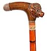 146. Buffalo Suitcase Cane- Ca. 1900- A carved burl handle which is a buffalo  head with two color glass eyes and a silver en
