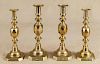 Two pairs of English brass candlesticks, 19th c., stamped King and Queen of Diamonds, 12 1/2'' h.