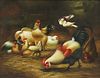 FRAMED OIL PAINTING ROOSTERS & CHICKENS, 8" X 10"
