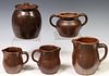 (5) GLAZED BROWN POTTERY, ONE SIGNED 1937