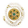 VICTORIAN EMERALD AND PEARL 18K GOLD BROOCH