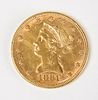 1881 Ten Dollar Gold Liberty Coin, AU, Raw