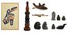 NO RESERVE - Group of 11: Tim Paul (b. 1960) - Blue Raven (Lithograph), Alaskan Totem Pole and Wooden/Leather Figurines, and Inuit Soap Stone Sculptur