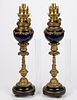 FRENCH NEOCLASSICAL STYLE GILT-BRASS AND ENAMEL PAIR OF PEG LAMPS