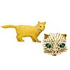 TWO YELLOW GOLD GEM-SET CAT BROOCHES