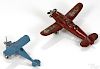 Two small cast iron airplanes, to include a Kilgore Travel Air Mystery
