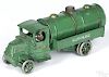 Arcade cast iron Mack Gasoline tanker truck with a nickel-plated driver and painted spoke wheels