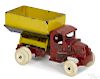 Arcade cast iron Mack side dump truck with a nickel-plated driver, 9'' l.