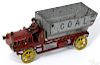 Hubley cast iron Coal dump truck with a painted driver, 15'' l.